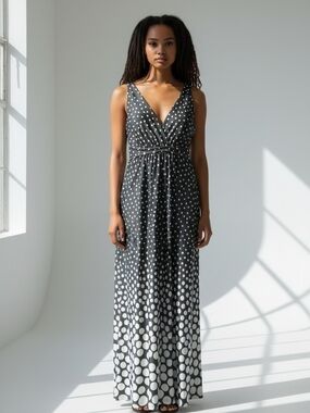 Polka Dot Sleeveless V-Neck Black Maxi Dress